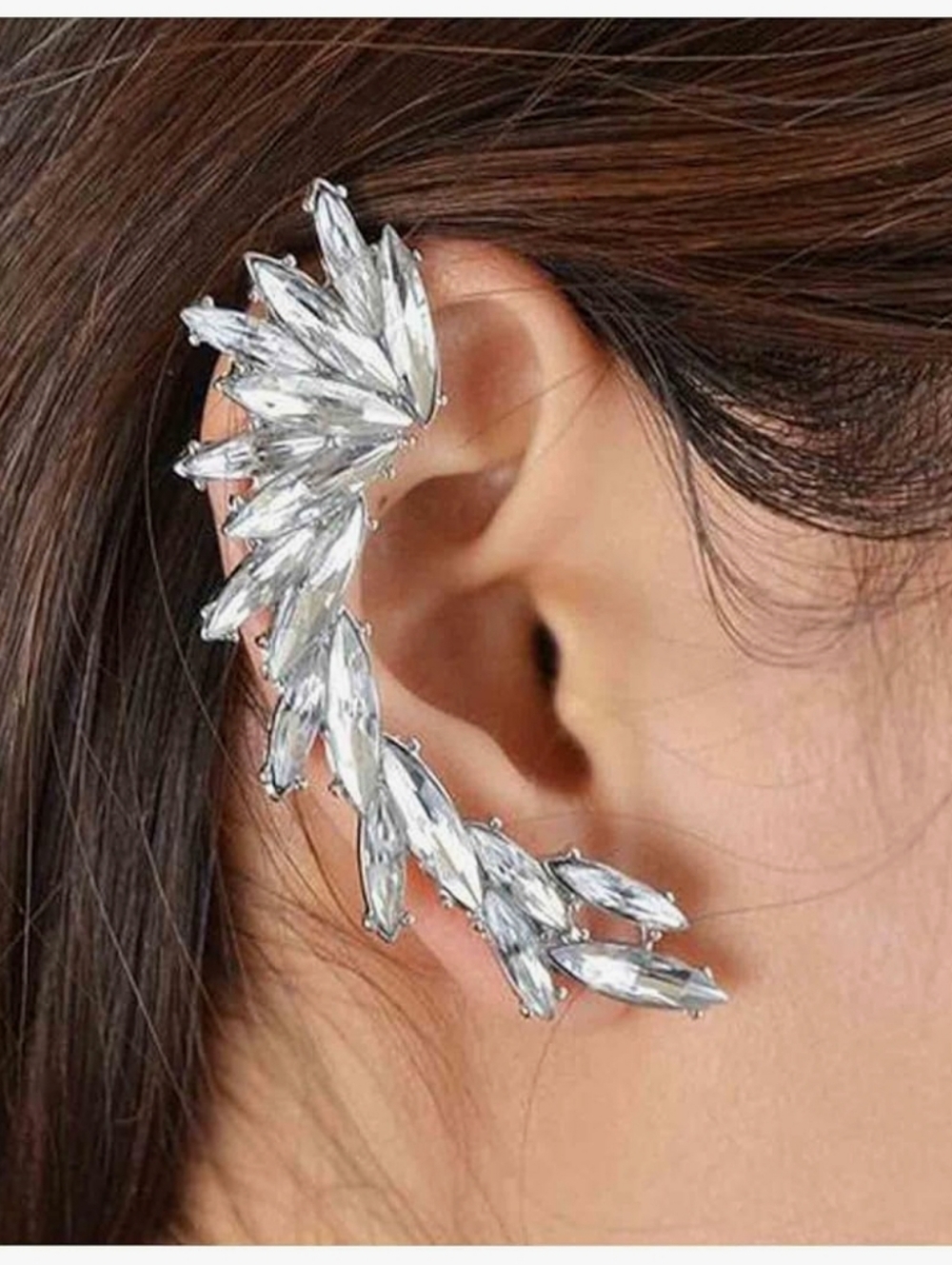 Boho Rhinestone Ear Crawler | Silver Crystal Clip‑On